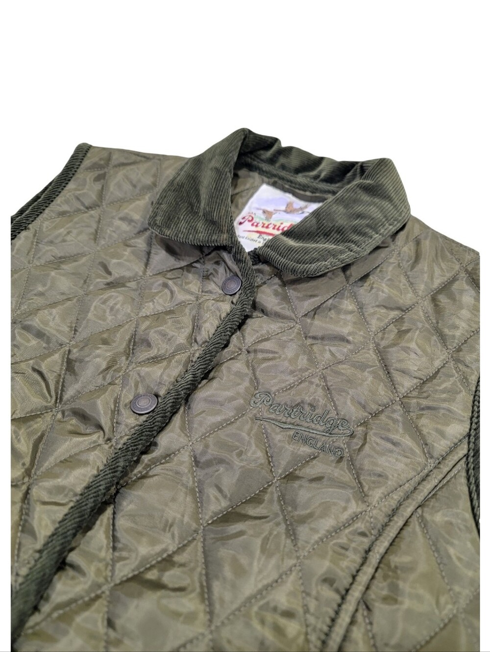 John Partridge English Clothing Olive Green Quilted Vest Corduroy Trim Women’s M - Picture 11 of 17